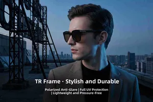Men's square polarized sunglasses with TR frame and UV protection on city roof background