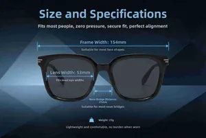 Detailed size chart of square frame sunglasses showing 154mm width and 25g weight