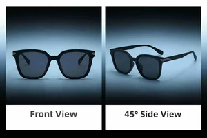 Front and 45-degree angle views of square frame sunglasses with silver metal accents