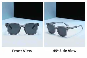 Detail view of square sunglasses featuring grey transparent frames and gold T-shaped metal hinges