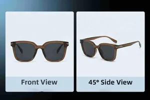 Front and 45-degree side views of dark brown square sunglasses with metallic temple accents