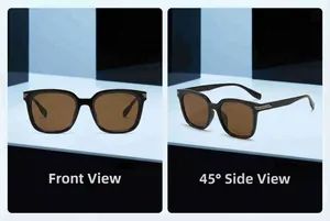 Front and side views of square black sunglasses with silver accents and dark lenses