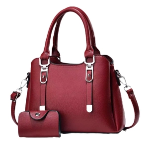 Wine red large tote bag set with matching wallet in litchi grain faux leather finish