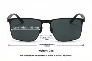 Detaillierte Maße der quadratischen Polarisations-Sonnenbrille mit 25g Gewichtsanzeige