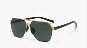 Detailed close-up of golden double-bridge polarized sunglasses with dark lenses