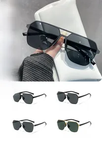 Macro shot of stylish square nylon polarized sunglasses with double bridge and metal frame