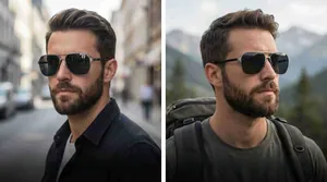 Close-up of men's square polarized aviator sunglasses showing lightweight frame on model