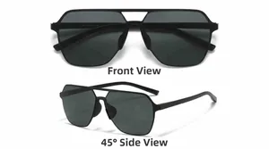 Front and 45 degree side view of matte black nylon polarized square aviator sunglasses