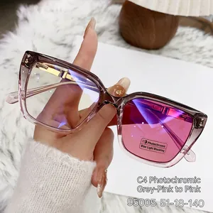 Cat eye photochromic sunglasses with light grey pink frames and anti-blue light lenses