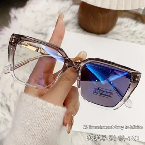 Close-up of transparent grey cat-eye sunglasses with photochromic blue light blocking lenses