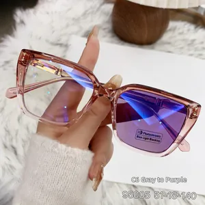 Detail of pink gradient cat-eye photochromic glasses with blue light blocking lenses