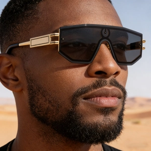 Detail of gold metal temples with geometric engraving on stylish one-piece sunglasses