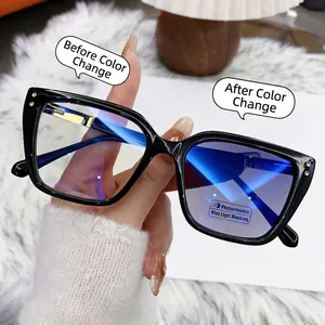 Black square photochromic sunglasses with metal rivets on fuzzy white background