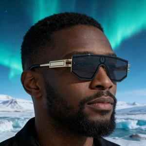 Outdoor model wearing oversized shield sunglasses with gold temples in snowy aurora scene