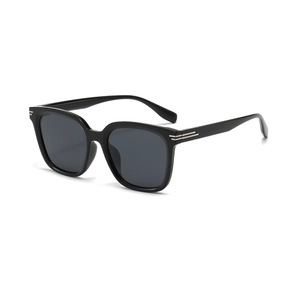 Classic square black sunglasses with dark grey lenses and metal temple accents