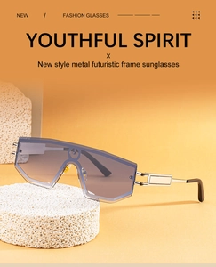 Close-up of futuristic metal frame sunglasses with gradient lenses on a stone display