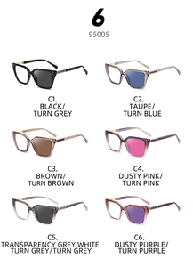 Collection of cat-eye sunglasses in six colors with metal accents and 95005 model number