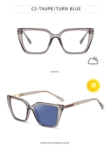 Detail view of photochromic square sunglasses lens changing from clear to blue