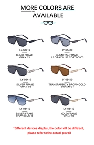 Multiple color options of wrap-around geometric sunglasses with metallic temple accents