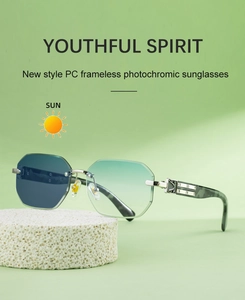 Detailed close-up of intricate metal hinge design on rimless square photochromic sunglasses