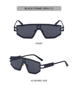 Front and side view of black frame wraparound sunglasses with gray lenses C1