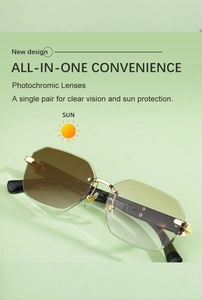 Close-up of golden metal hinges and inner frame specs on square rimless sunglasses