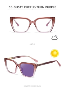 Cat eye photochromic sunglasses detail showing color change in dusty purple frames