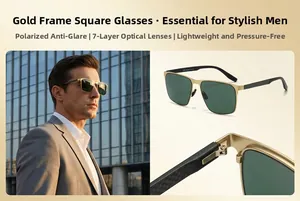 Detail of square gold frames with carbon fiber temples and polarized lens technology