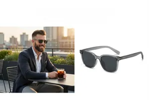 Polarized square sunglasses for men with UV protection and grey transparent frames