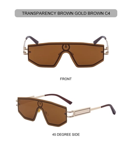 Front and 45-degree side views of transparency brown shield sunglasses with gold metal temples