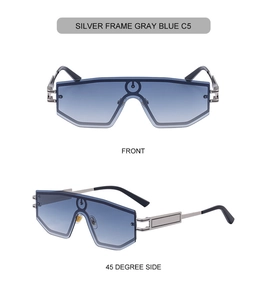 Front and side view of silver frame sunglasses with gray blue lenses and industrial details