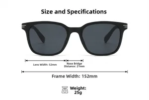 Detailed dimensions of square polarized sunglasses showing 152mm frame width and 52mm lens