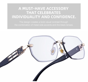 Detail of square rimless sunglasses showing purple lenses and gold ornate temples
