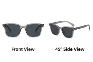 Front and 45-degree side views of square sunglasses with silver metal temple accents