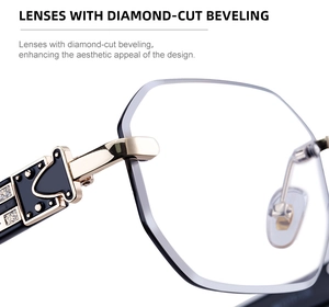 Macro detail of diamond-cut beveling and rhinestone metal hinge on rimless sunglasses