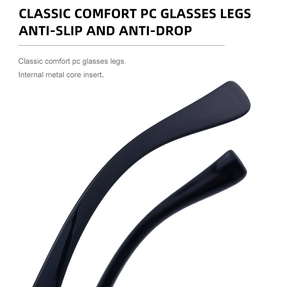 Detail of square rimless sunglasses leg with anti-slip texture and internal metal core