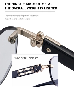 Detail of reinforced light gold metal hinge on square rimless sunglasses with black temples