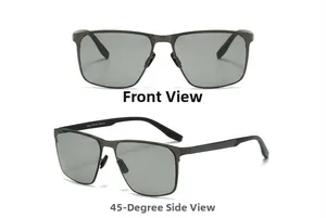 Detailed front and 45-degree side views of square nylon polarized sunglasses for men