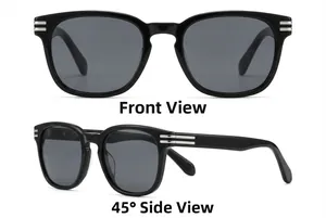 Front and 45-degree side view of black square polarized sunglasses with silver metal trim
