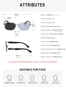 Size chart showing dimensions of square rimless photochromic sunglasses with PC frame