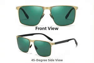 Front and 45-degree angle views of square polarized sunglasses with golden frames