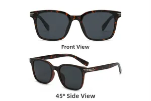 Macro detail of tortoiseshell square sunglasses featuring silver metal accents and dual views