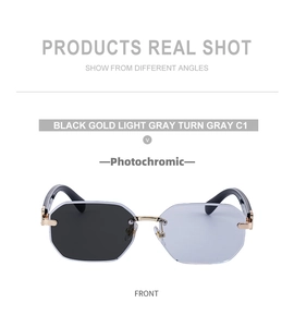 Detail showing the photochromic effect on rimless octagon sunglasses with black gold frame