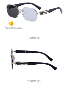 Detail of rimless photochromic sunglasses showing lens color change and gold hinge