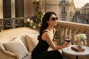 Asian model wearing tortoiseshell square sunglasses with metal ring detail on a terrace