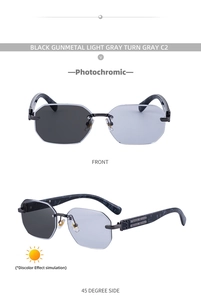 Macro view of photochromic square rimless sunglasses with marble patterned temples