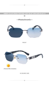 Detail of square rimless photochromic sunglasses with green tortoise temples and blue lenses