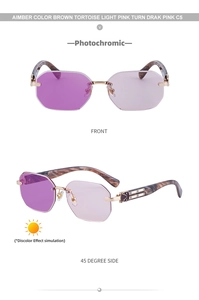 Detail of square rimless sunglasses with photochromic lenses and tortoiseshell temples