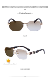 Detailed front and side views of square rimless photochromic sunglasses in tortoise finish