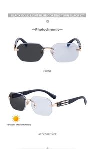 Detail of square rimless photochromic sunglasses in black gold frame with C7 lenses